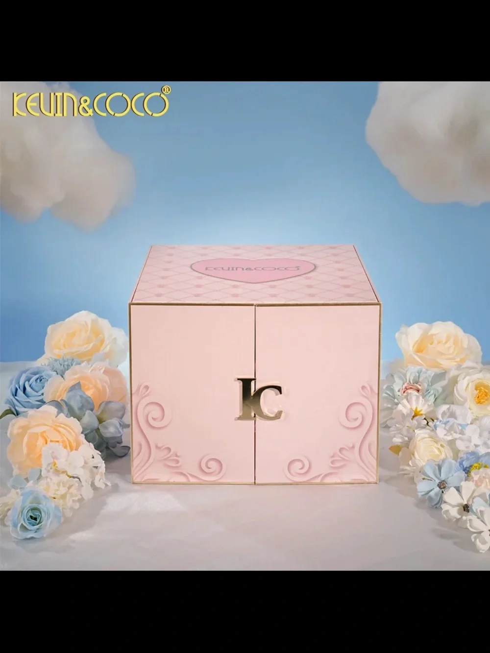 KEVIN&COCO Pink Decorative Gift Box with Gold LC Accent full makeup kit pr box